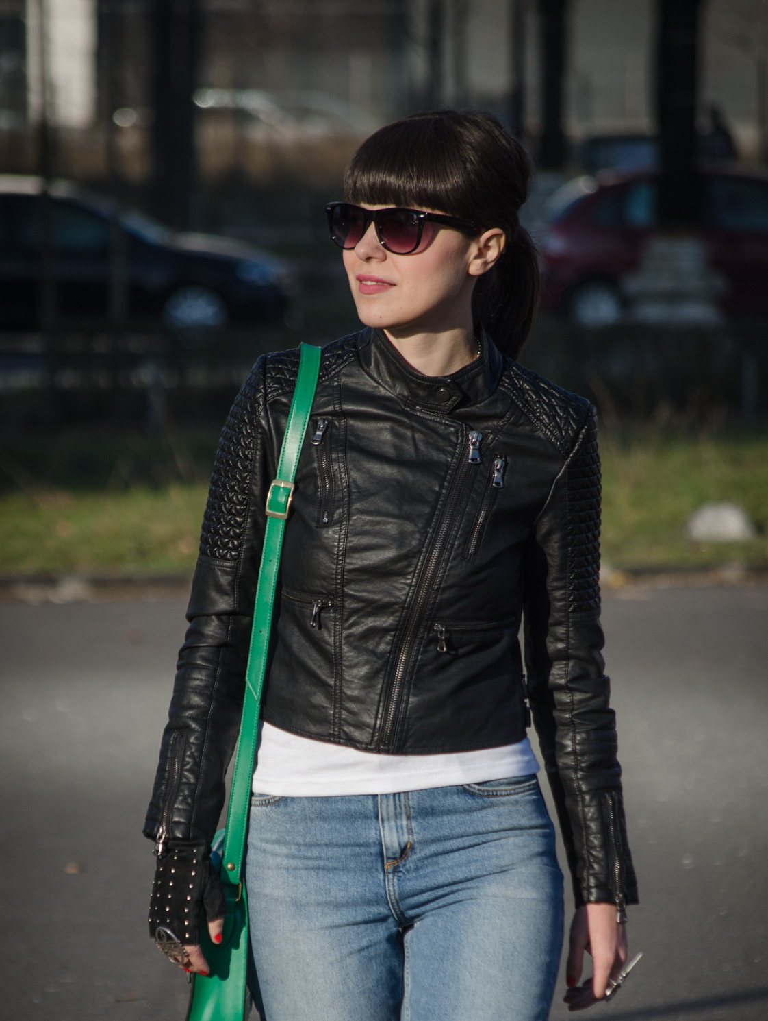 leather jacket new yorker green satchel bag tonka jeans mom jeans h&m worker camel boots romanian producer green white sheinside top bangs rocking rocker coca-cola dog tag