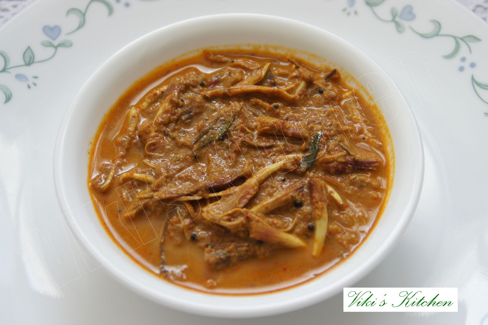 Viki 's Kitchen Vazhai poo puli kulambu (Banana flower in tamarind gravy).