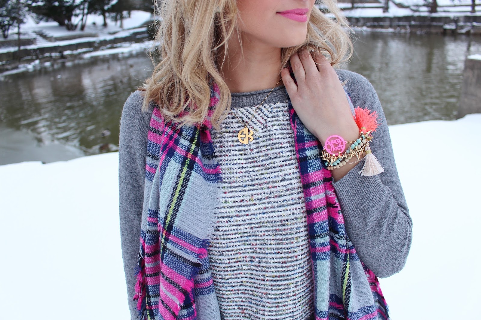 bijuleni- Boyfriend jeans with plaid colourful scarf and sweater