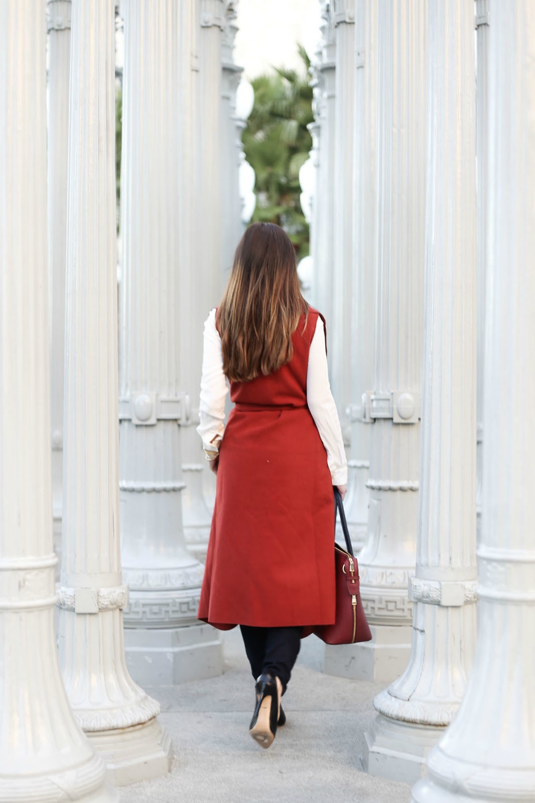 Stiletto Beats, vest, overcoat vest, red , street style, ootd, los angeles blogger, celine sunglasses, salvator ferragamo, angela and roi,