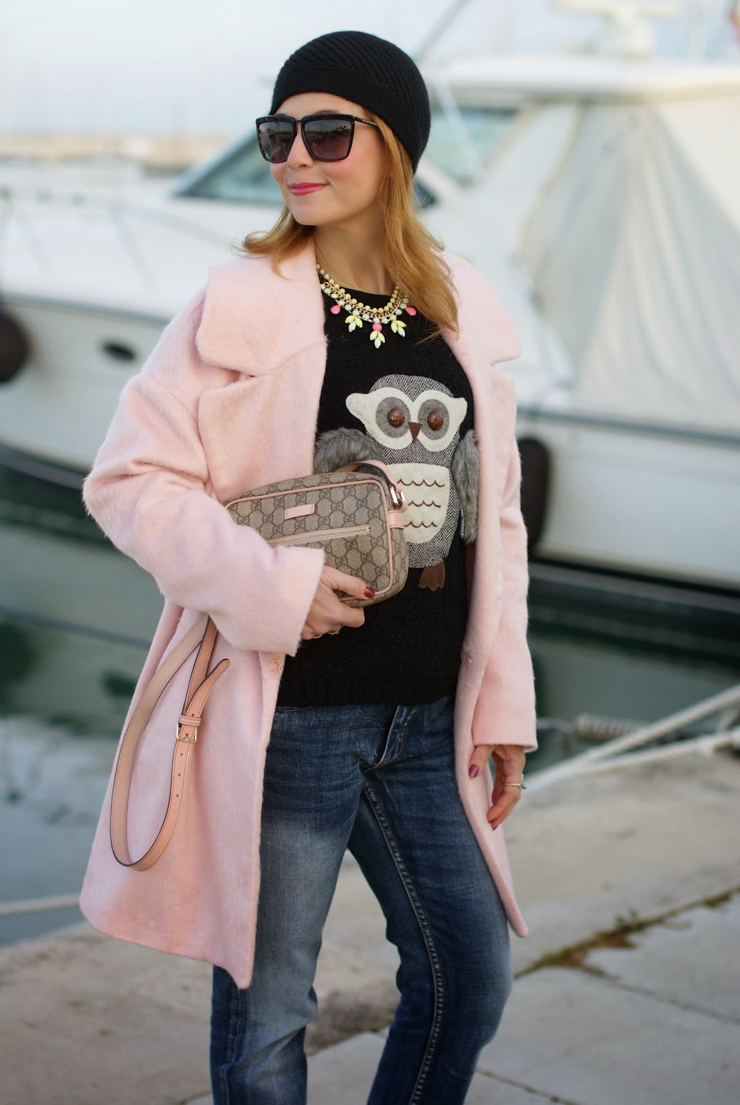 oversized pink coat, river island pink coat, owl sweater, fashion and cookies, fashion blogger