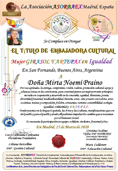 Titulo de Embajadora Cultural Mujer Girasol y Artepax en Igualdad Madrid, España