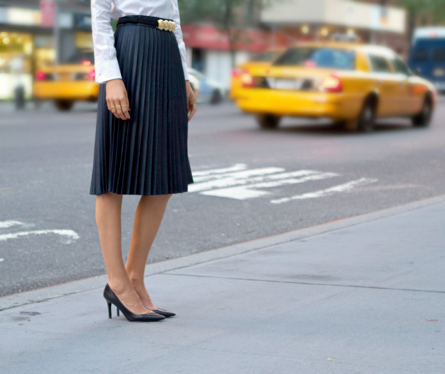 zara coated pleated midi skirt gold circle collar tips pins asos faux leather pleated skirt brooks brothers non iron stretch tailored oxford white shirt ralph lauren adena pointed black leather pumps heels gorjana stacking rings essie berry naughty polish vintage belt street style fall fashion trends 2013 new york city nyc the classy cubicle fashion blog for young professional women females woman girls 20s 30s 40s appropriate work wear office attire outfits professional corporate suit dos and donts crimes top ten day to night transition interview preppy office style dress for success step up lean in suit up
