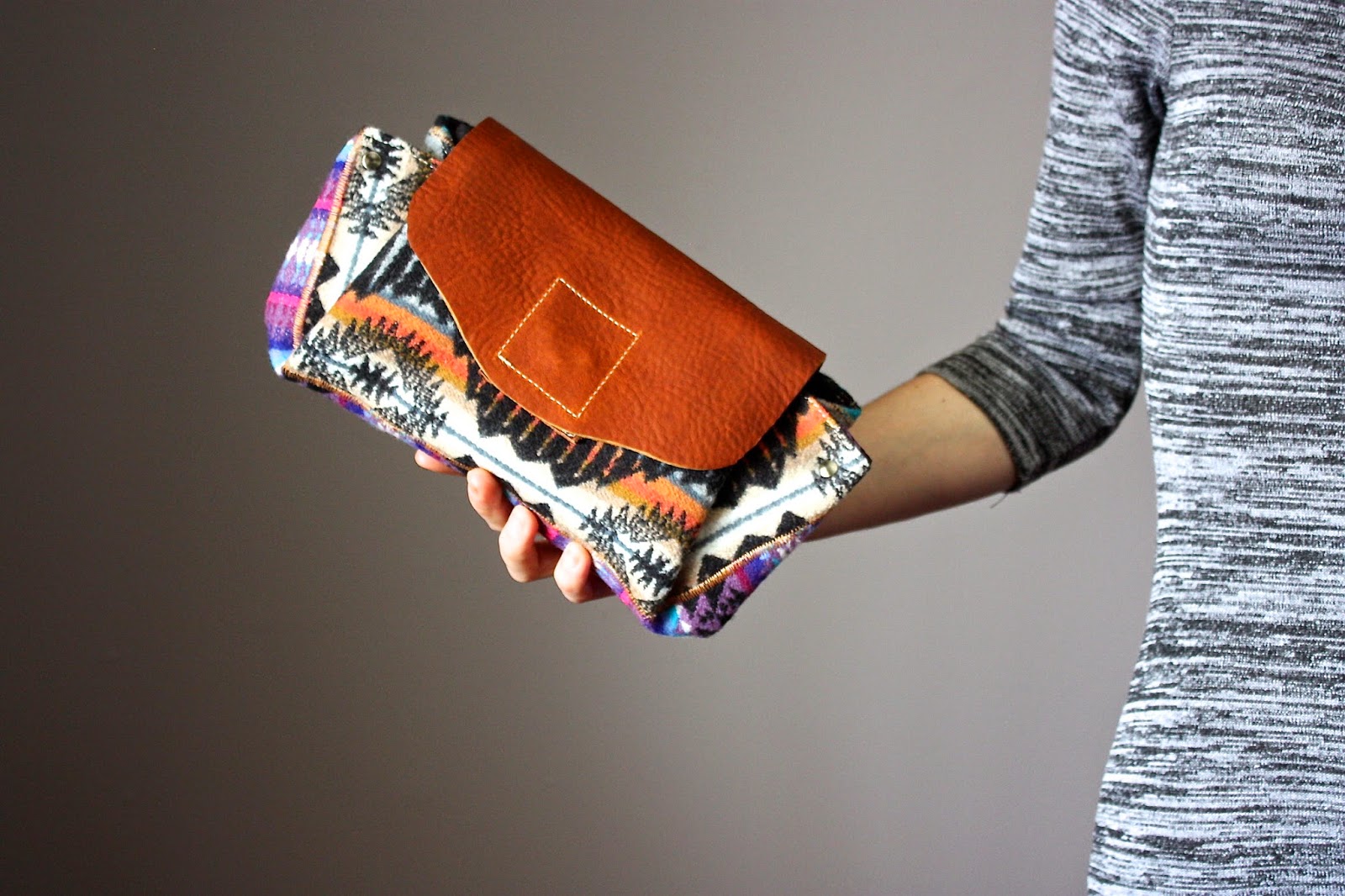 Laboratory of Fashion Wool and leather clutch, brown leather purse