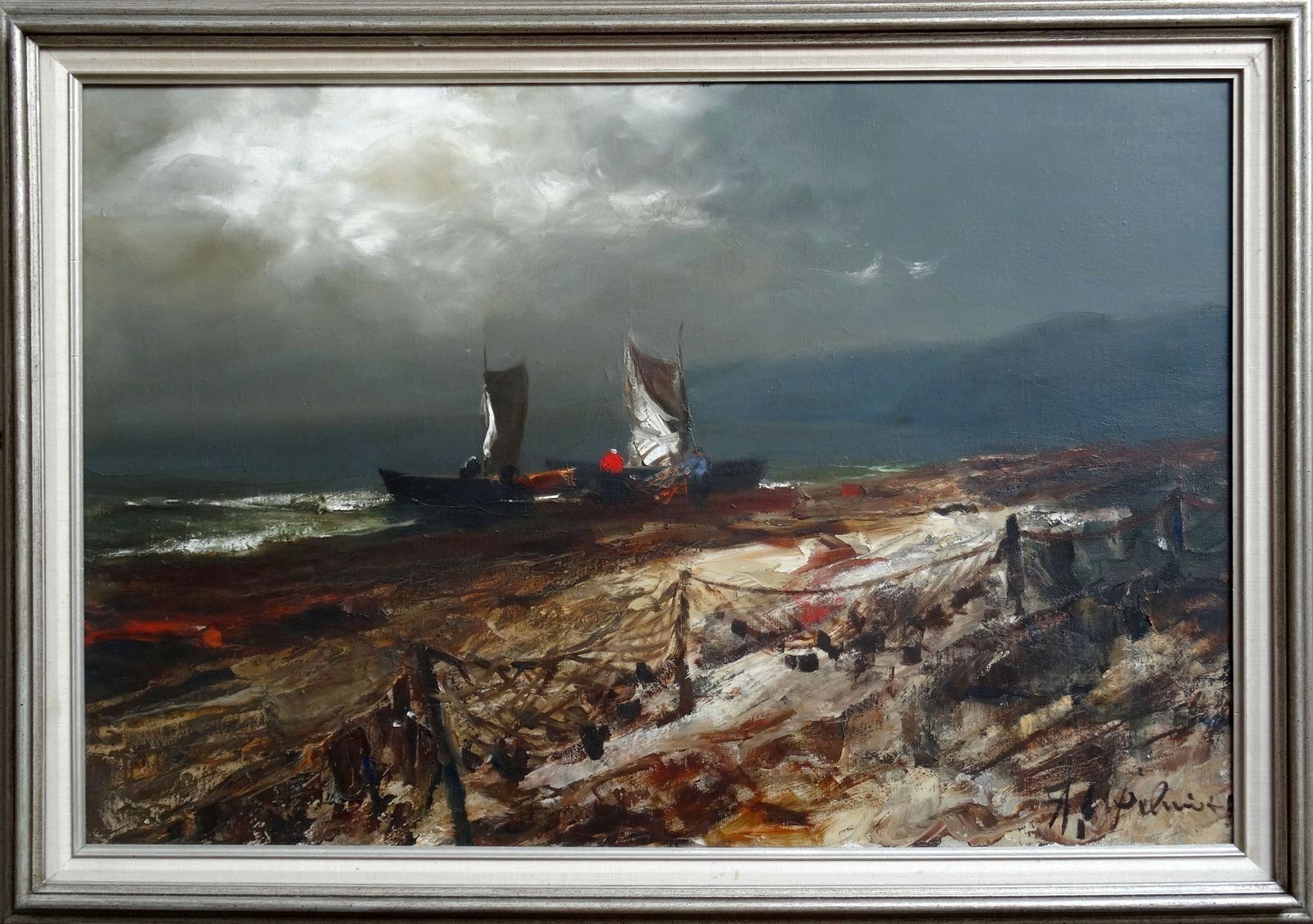 Artūra Upelnieka glezna ,,Zvejnieku laivas'' (1980-tie gadi)