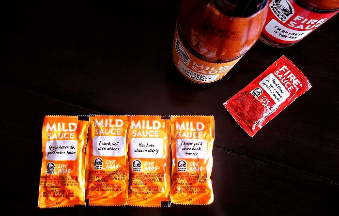 Taco Bell bottled sauce and packet mssages