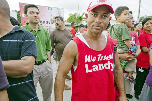 'We Trust Landy'. UDP supporter shows his color.