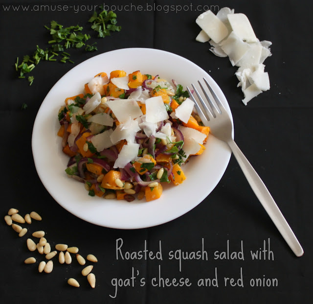 Roasted butternut squash salad with goat's cheese and red onion recipe