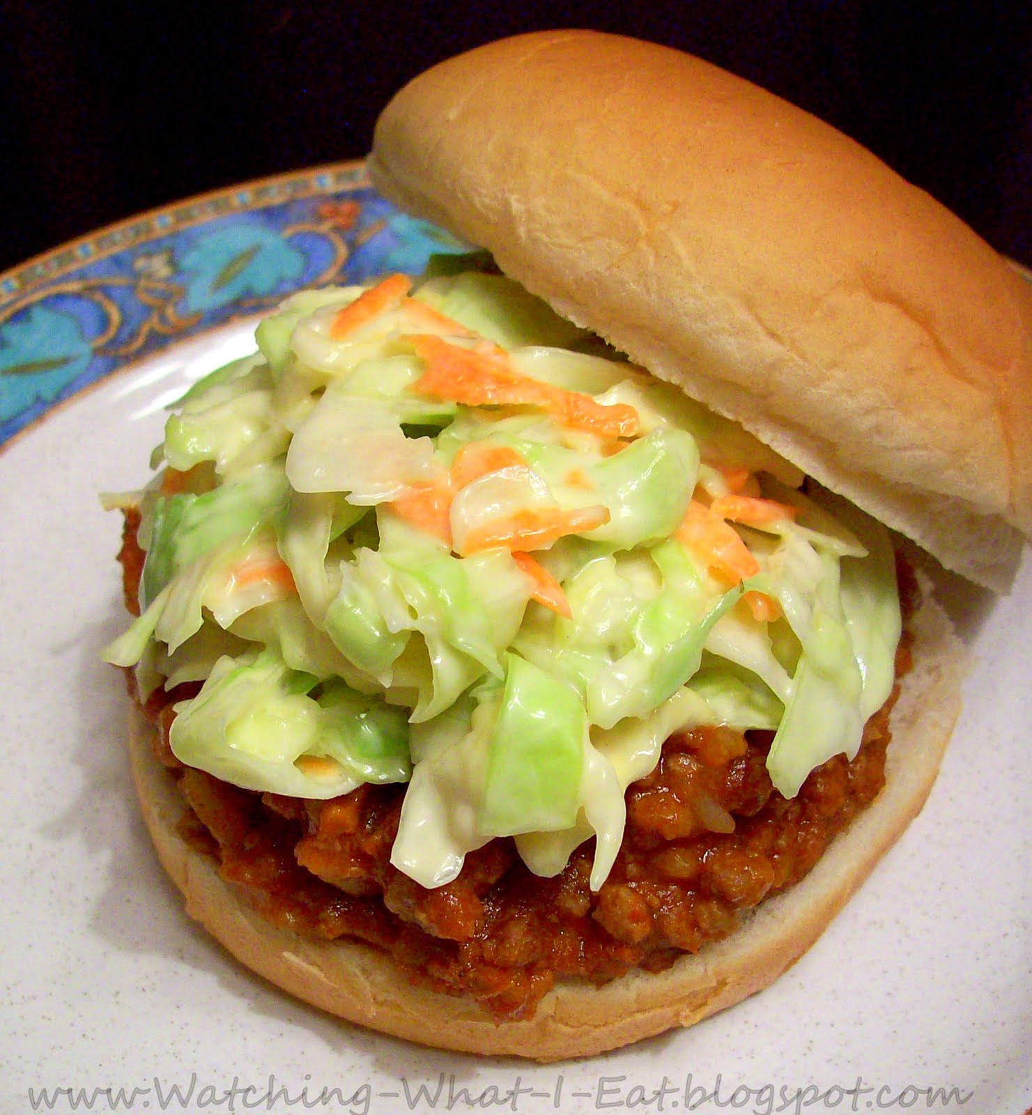 Watching What I Eat Betty's Cajun Gumbo Sloppy Joes topped with Coleslaw
