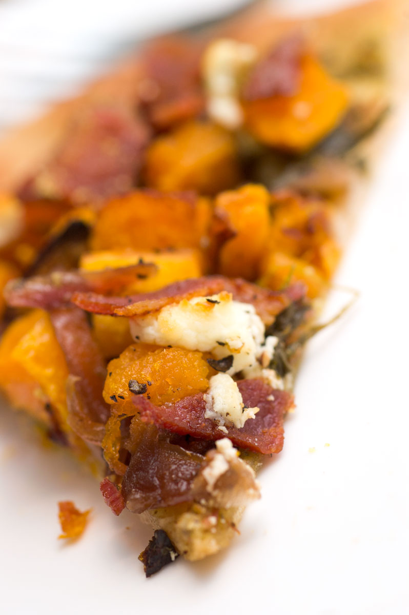 Roasted Butternut Squash Pizza with Pesto, Bacon, Goat Cheese
