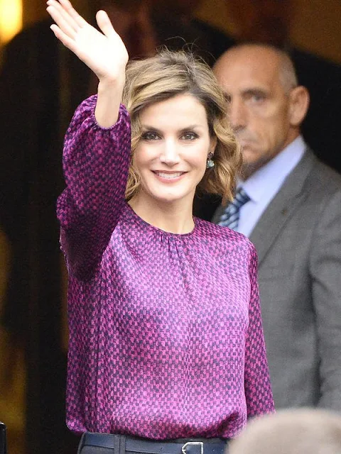 King Felipe and Queen Letizia visit Colombres, Asturias, Spain Queen Letizia wore Hugo Boss Trouser - pant, wore carolina herrera blouse, tous earrings