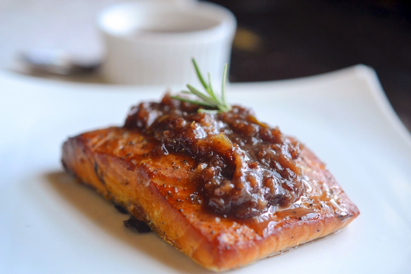 Greedy Girl Cedar planked salmon with bacon onion jam