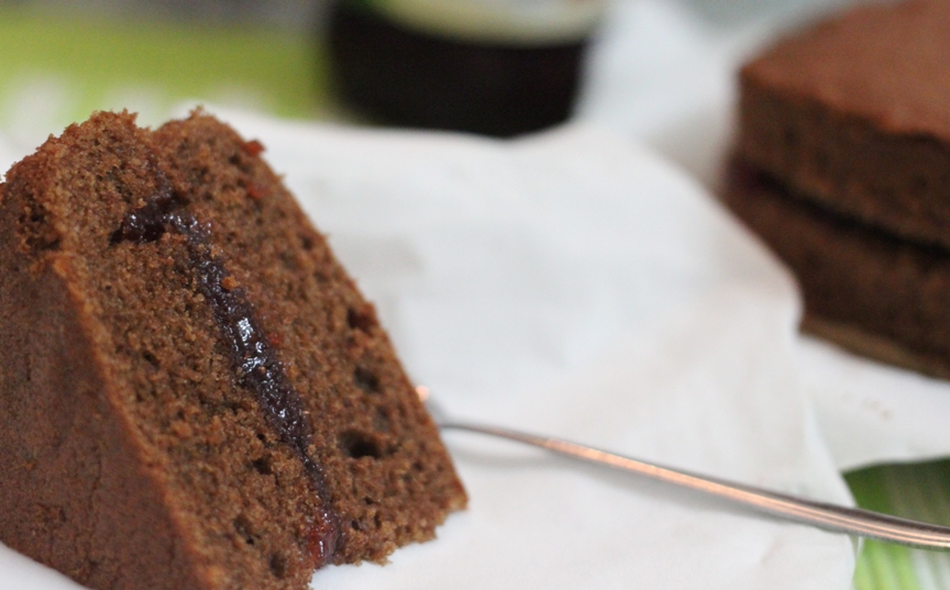 Two Cherries on Top Chocolate layer cake with strawberry jam filling