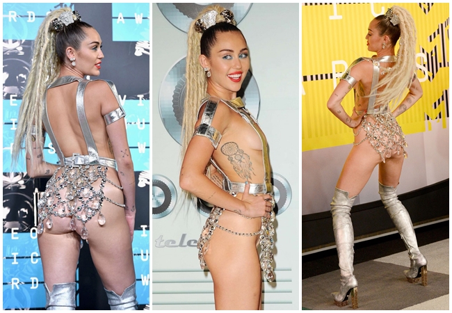 2015/08/31:Miley Cyrus in Versave at 2015 MTV Video Music Awards cf. Tom Ford 2015 SS Nipples Sparkle White Maxi Dress