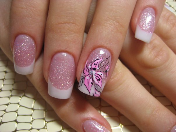Flower Glittery Nail Design Pink Color