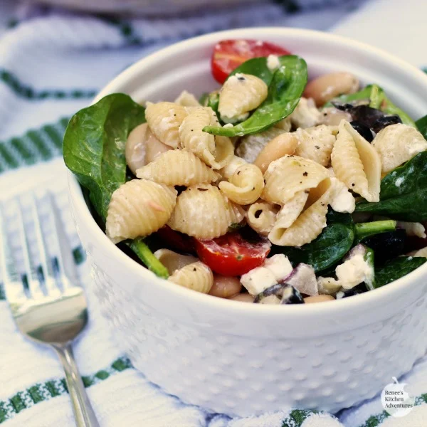 Spinach, Feta, and White Bean Pasta Salad | by Renee's Kitchen Adventures - Easy healthy recipe for a pasta salad with Greek inspired flavors!  Makes a great summer side dish! 