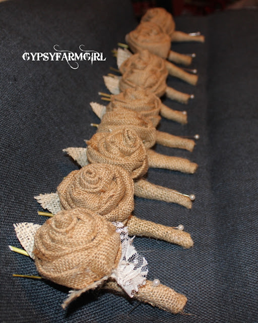 rustic  burlap and lace boutonnieres