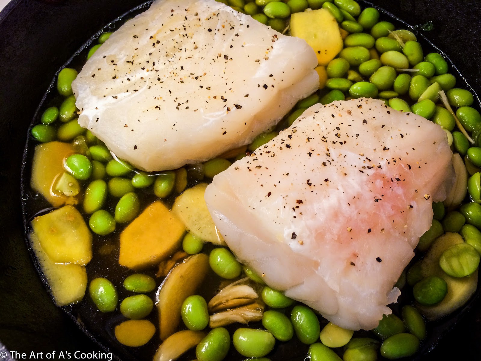 The Art of A's Cooking Poached Cod with Miso, Shiitakes, and Edamame