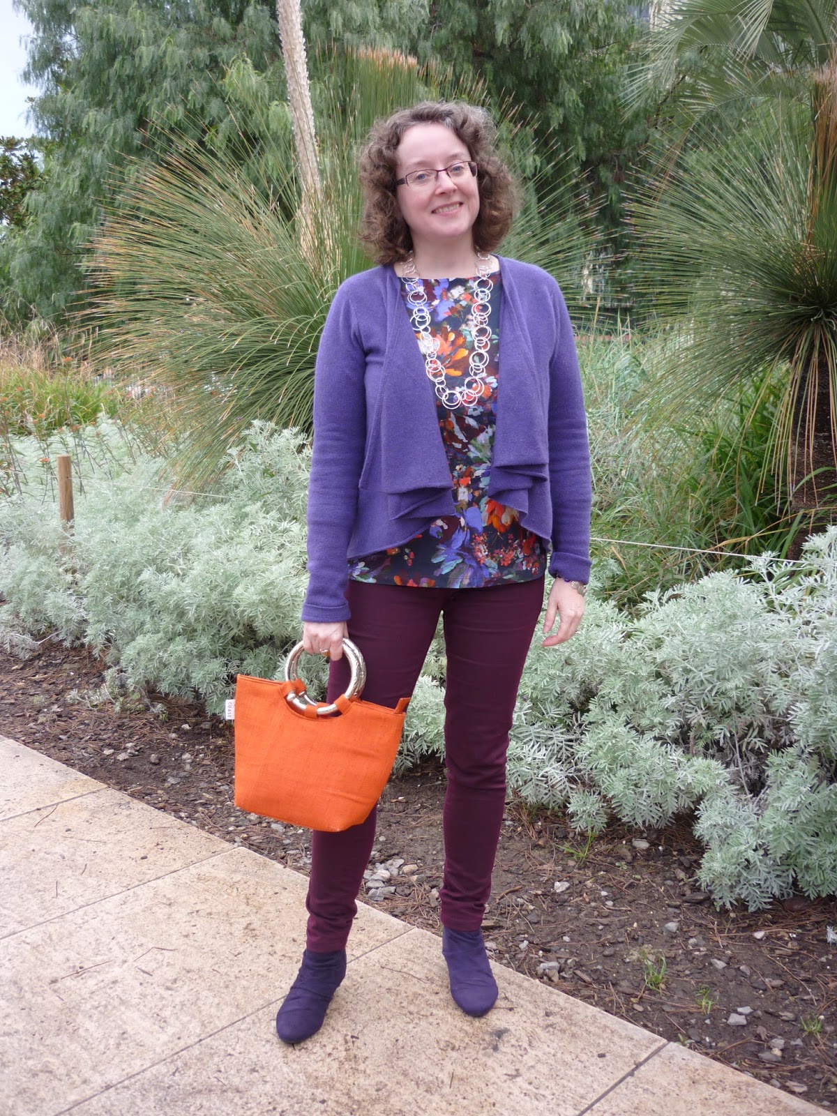 Purple Cashmere Waterfall Cardigan, Land's End Floral Tee, Purple Suede M&S Boots | Petite Silver Vixen