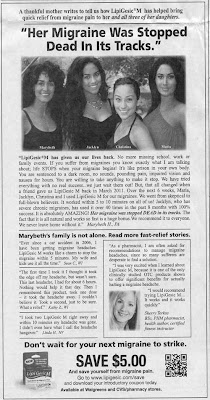 Newspaper ad with picture of four pretty women and headline Her migraine was stopped dead in its tracks