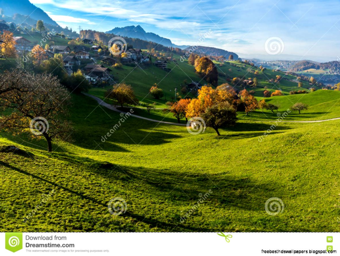 Amazing Autumn View Of Typical Switzerland Village Near Town Of Amazing Autumn View Of Typical Switzerland Village Near Town Of