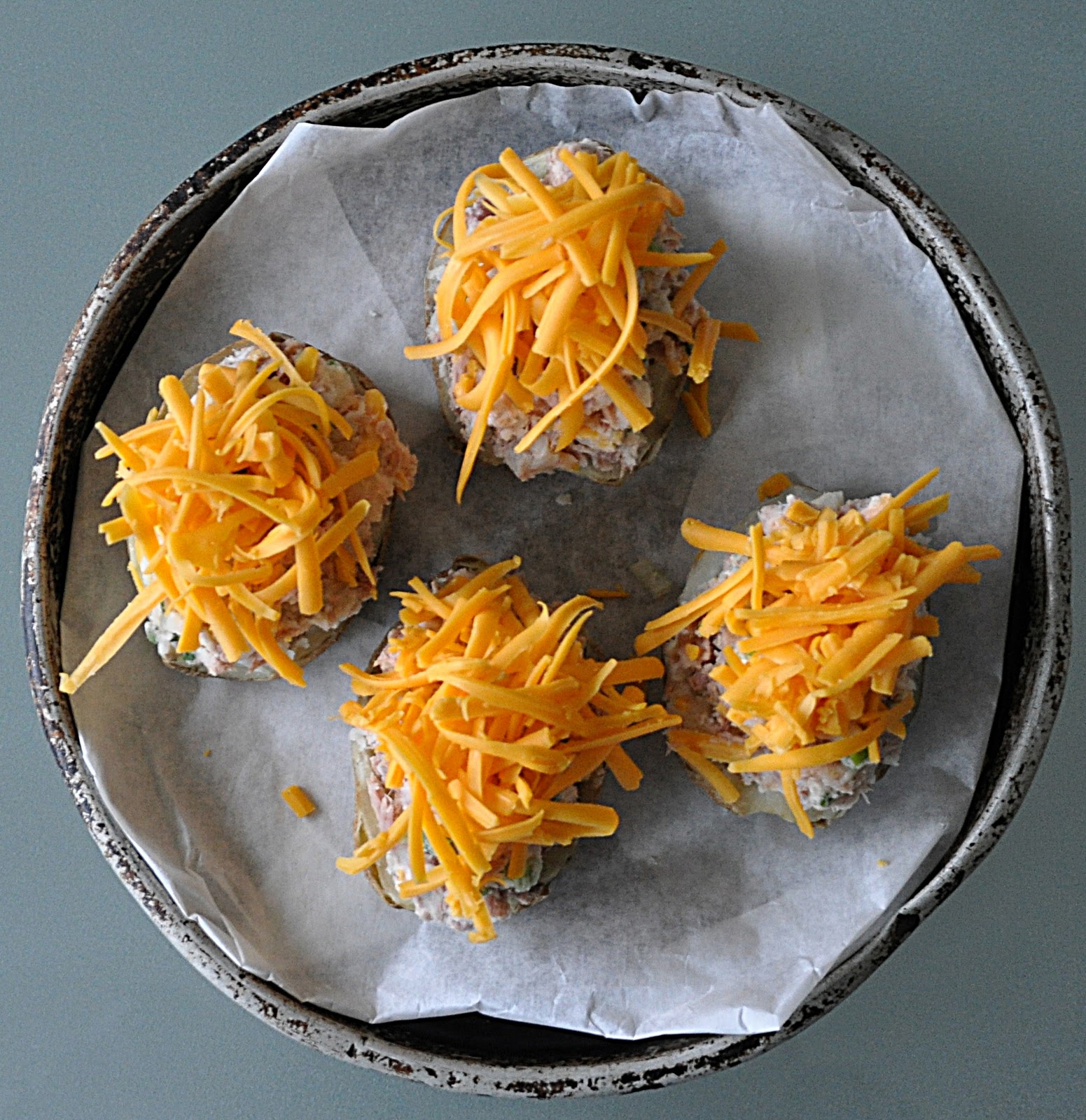 Aunt B on a Budget Twice Baked Tuna Melt Potatoes