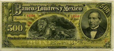 Mexican currency 500 peso bill banknote