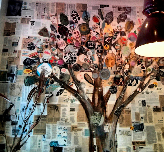 Collage on the wall inside the cafe