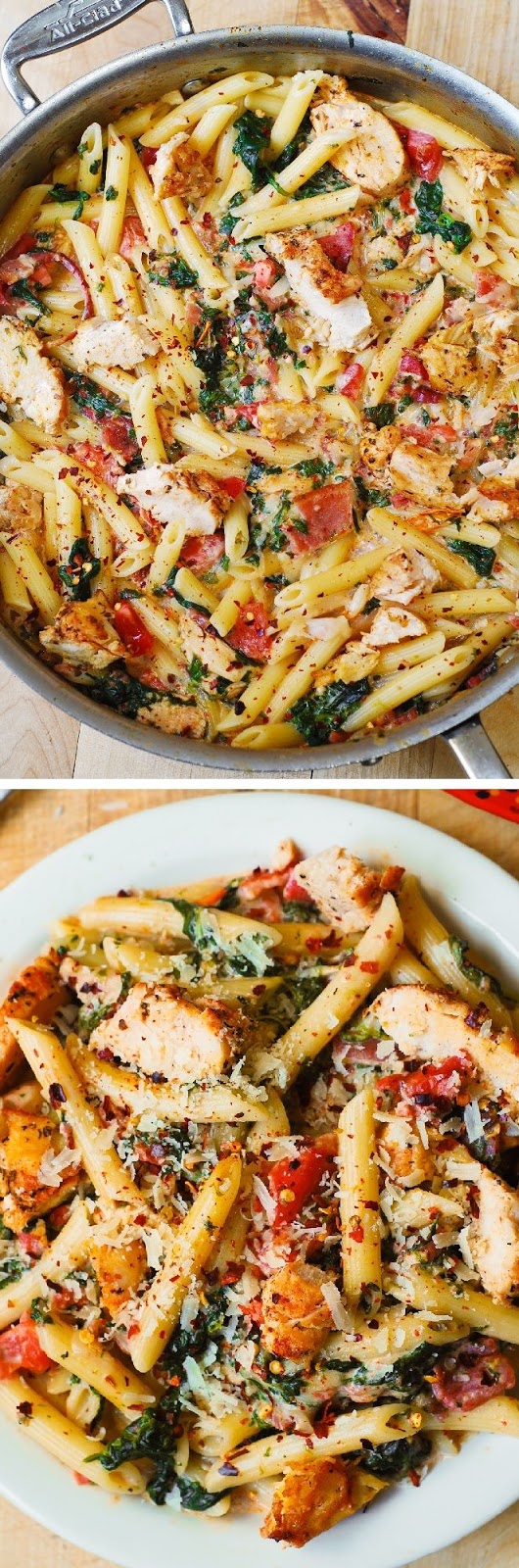Chicken and Bacon Pasta with Spinach and Tomatoes in Garlic Cream Sauce