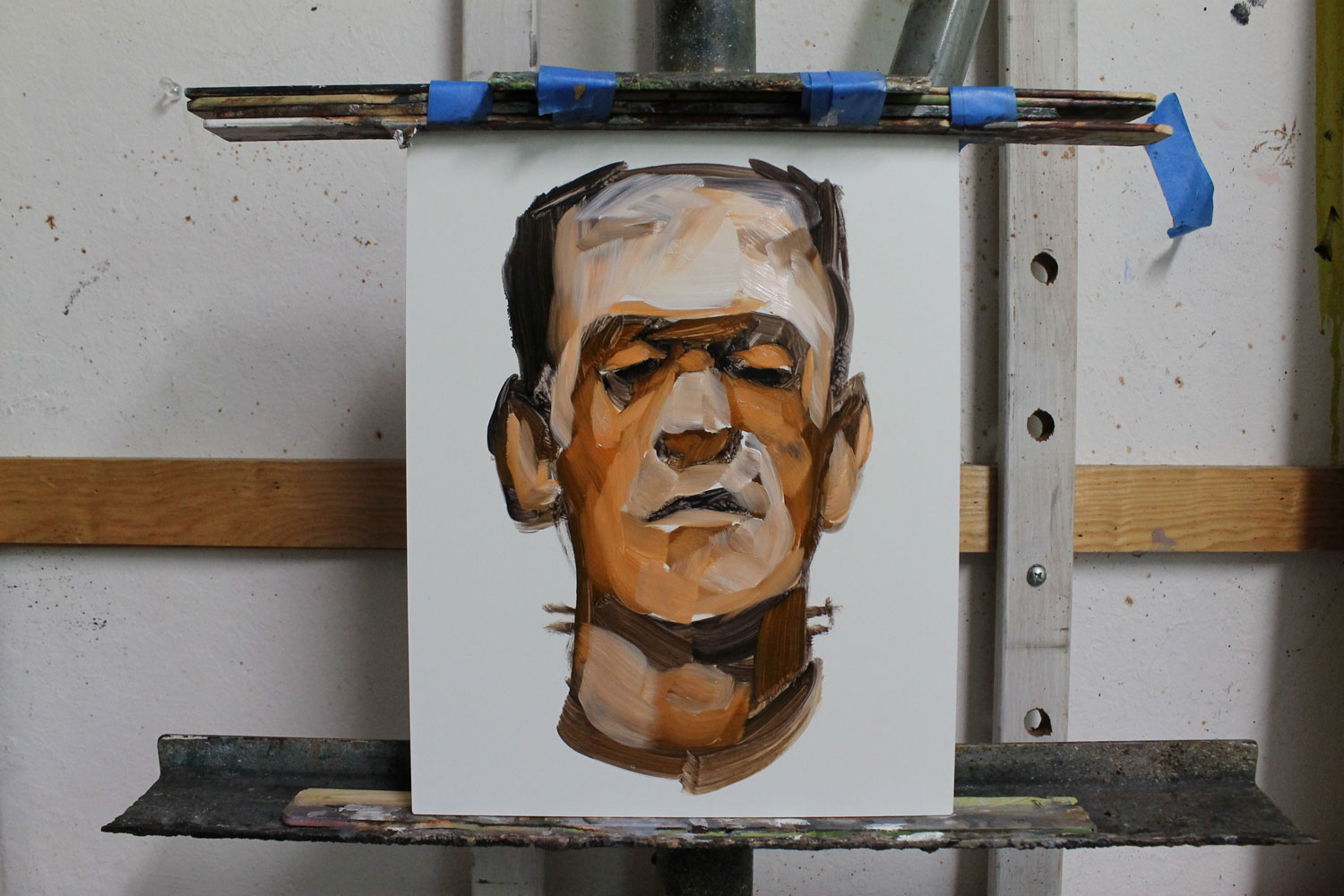 Kenney Mencher Demonstration Frankenstein, oil paint masonite panel