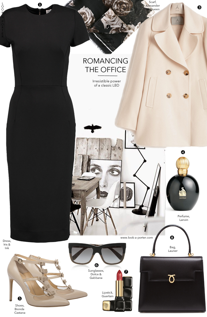styled with Iris&Ink dress, Jigsaw coat, Bionda Castana shoes, Launer bag, Dolce & Gabbana sunglasses & McQueen scarf. Via www.look-a-porter.com