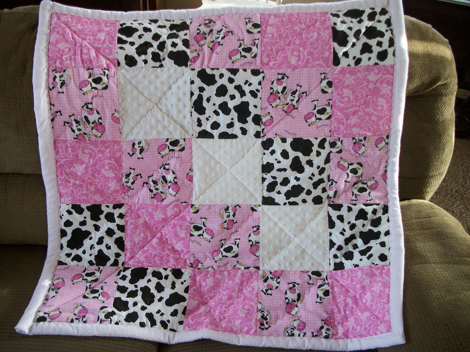 Deerecountry Quilts Black and Pink Cow baby girl quilt with minkee