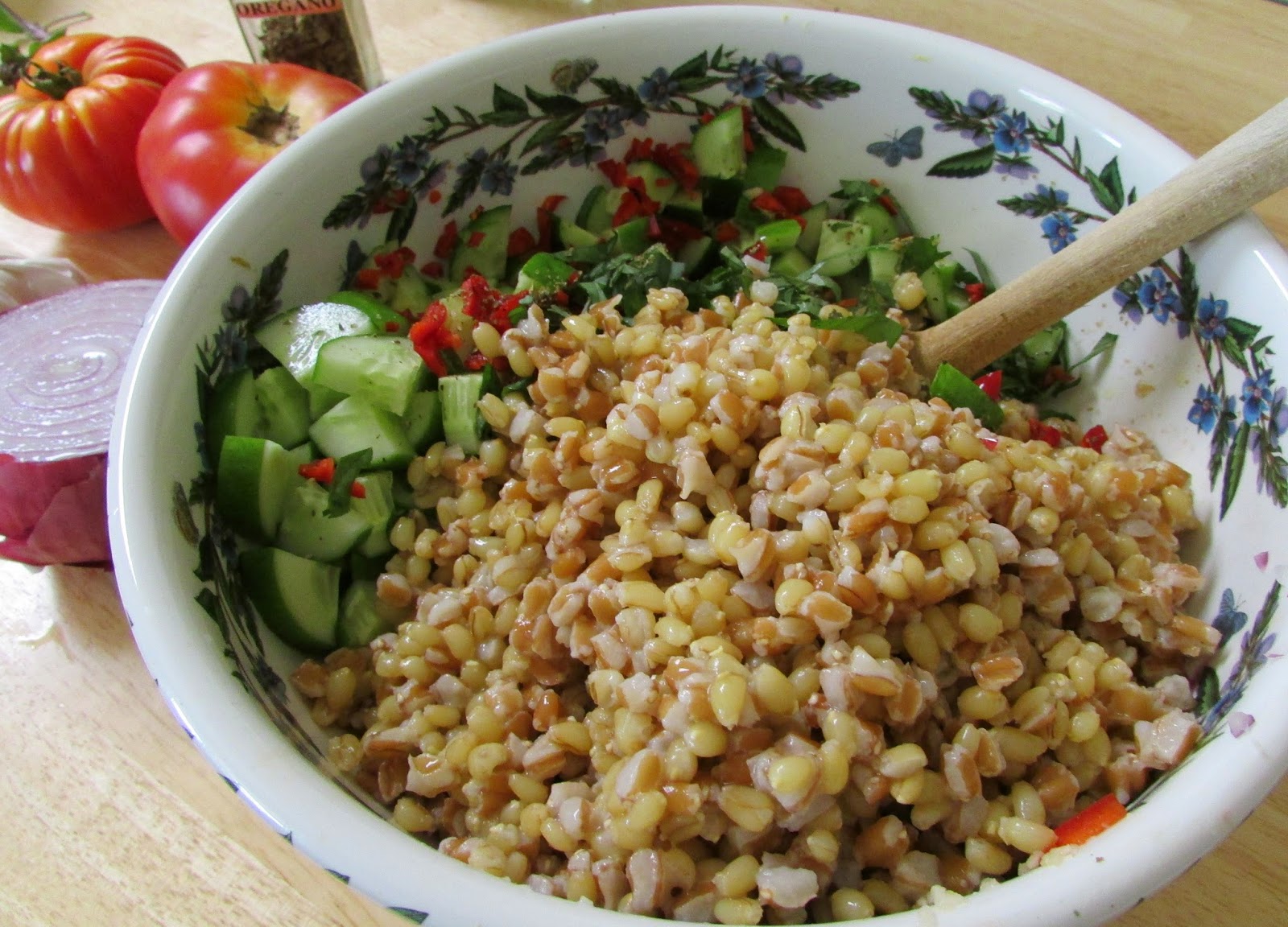 A Table For Rue, Please Farro and White Wheat Berry Greek Salad with