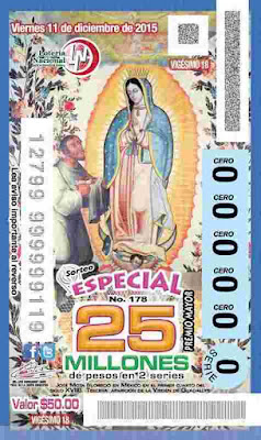 imagen de la Virgen de Guadalupe en los billetes de la loteria de Mexico