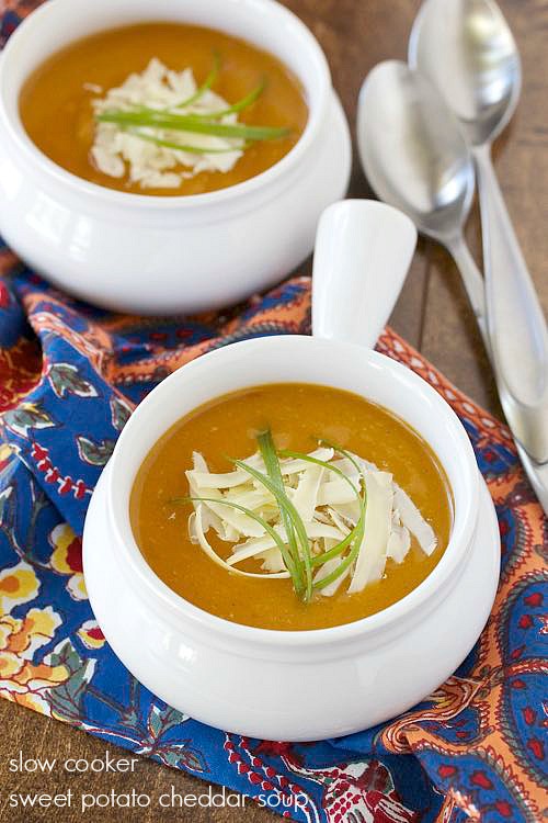 Slow cooker sweet potato and cheddar soup Yankee Kitchen Ninja