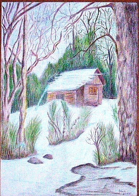 Dibujo. Cabaña en medio de bosque nevado