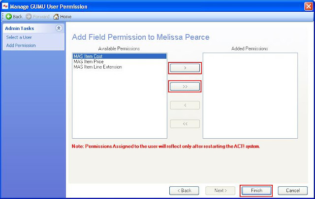 Select the Standard defaults in the “Add Permission to User” screen