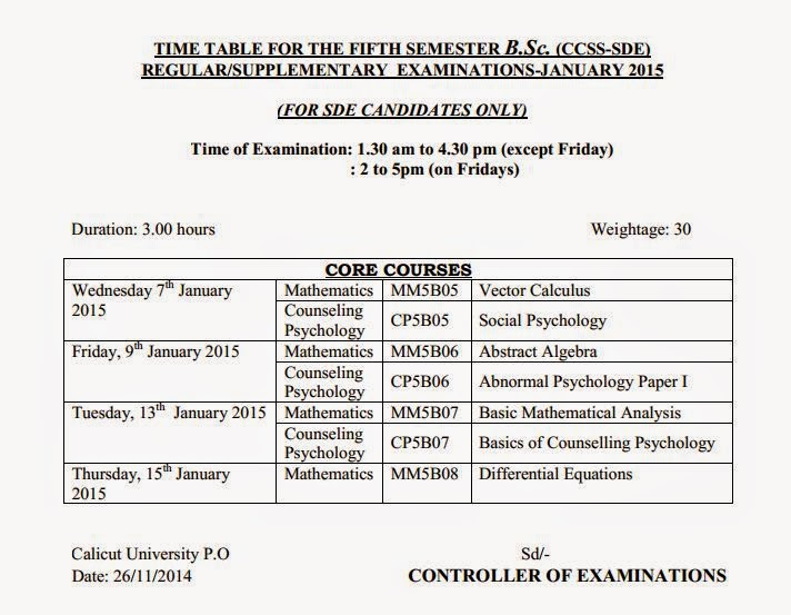 Calicut University Time Table B.Sc January 2018