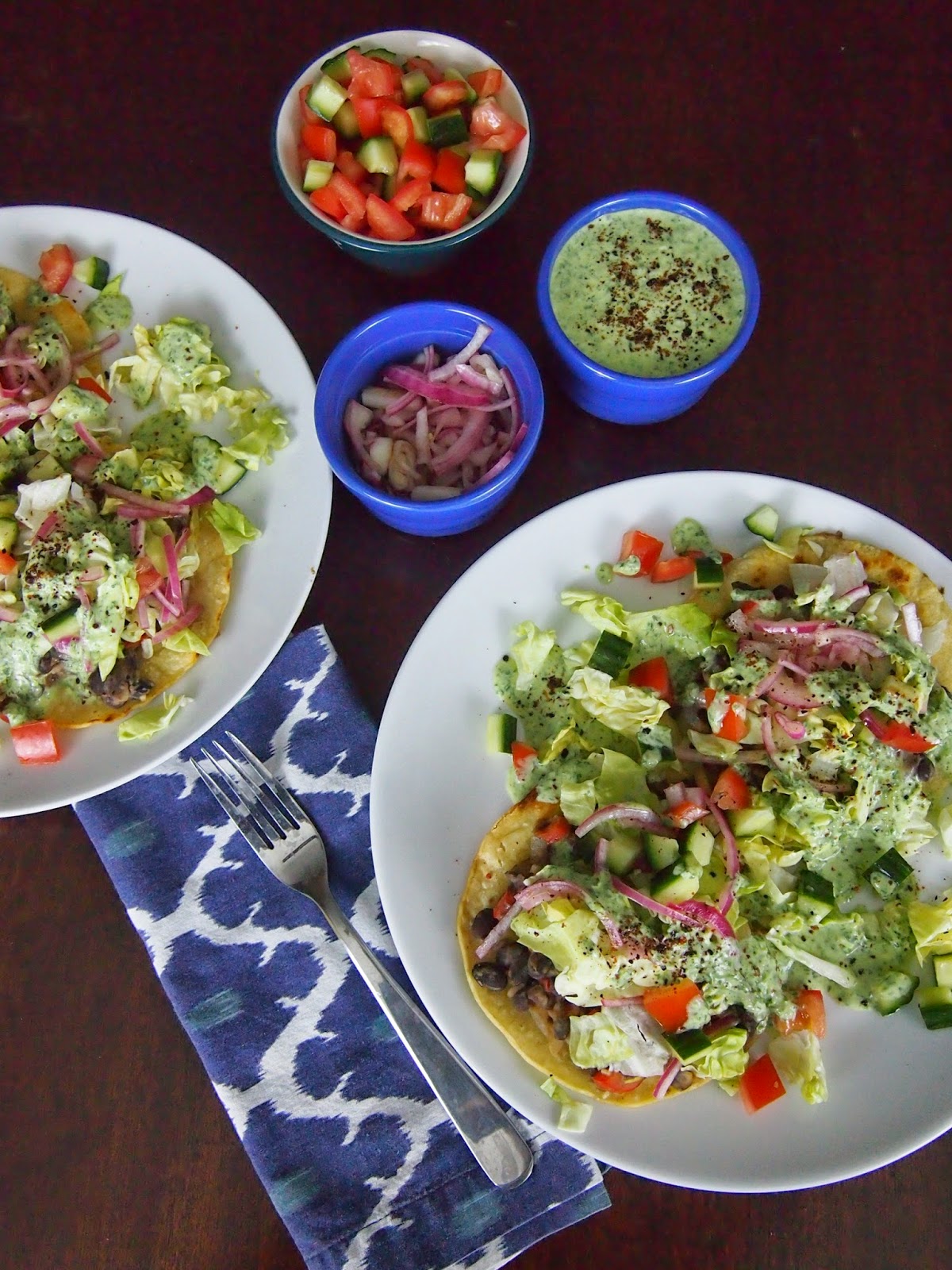 An Avocado A Day Black Bean Tostadas with Creamy Cilantro Sauce