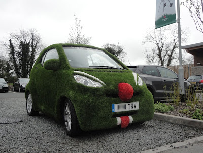 EasiBug by EasiGrass grass-covered SMART car in Dobbies' car park in Lisburn