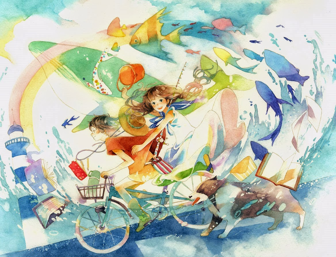Phi Stars Cute Anime Girl And Her Lover Among Fishes Original Wallpaper
