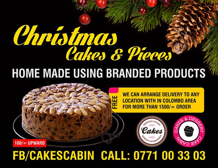 Rs. 100/= per piece upwards. Free delivery over Rs. 1500/= order.  Cakes, Desserts and Short-eats. Get ready for your next event.  ----------------------------------------- Call us to get more details Cakes Cabin - 0771 00 33 03