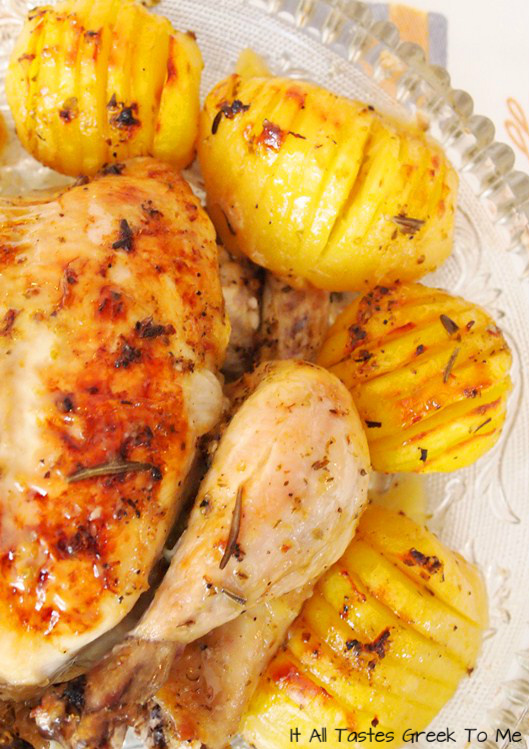 It All Tastes Greek To Me Chicken Roast with Herbs and Hasselback Potatoes
