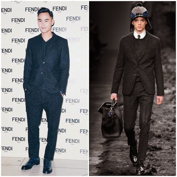 Ethan Ruan Jing Tian wears Fendi Fall Winter 2014 speckled suit at Fendi Un Art Autre Exhibition Hong Kong 23rd October 2014 阮经天出席芬迪香港时装展览
