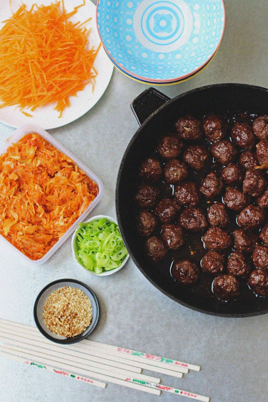 Milk and Honey Korean Meatballs and Quick Kimchi Rice Bowls