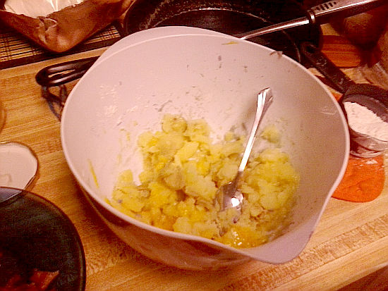Mixing bowl with mashed Trader Joe's Potato Medley Golden Potatoes ready to make German Potato Dumplings