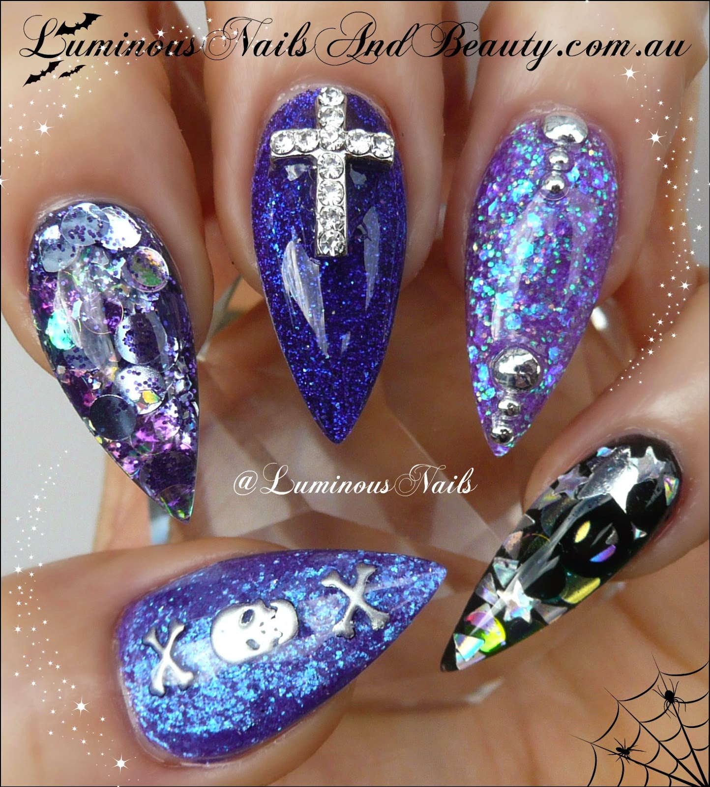 luminous nails: halloween acrylic nails with skull and crosses