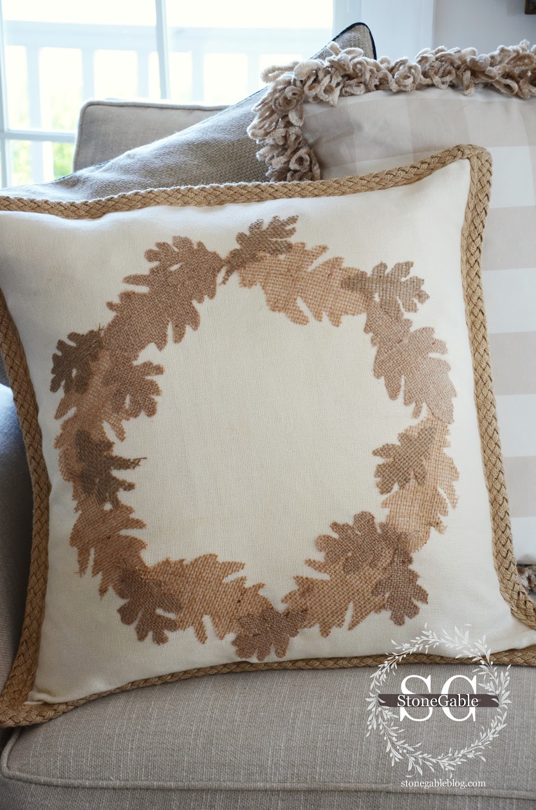 FALL NO SEW BURLAP LEAF PILLOW DIY StoneGable