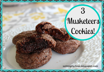 These delicious 3 Musketeers Cookies taste just like the chocolate candy bar! Easy recipe with a surprise chocolate bar center. Bag them up to make a great holiday and teacher gift idea! www.settingforfour.com
