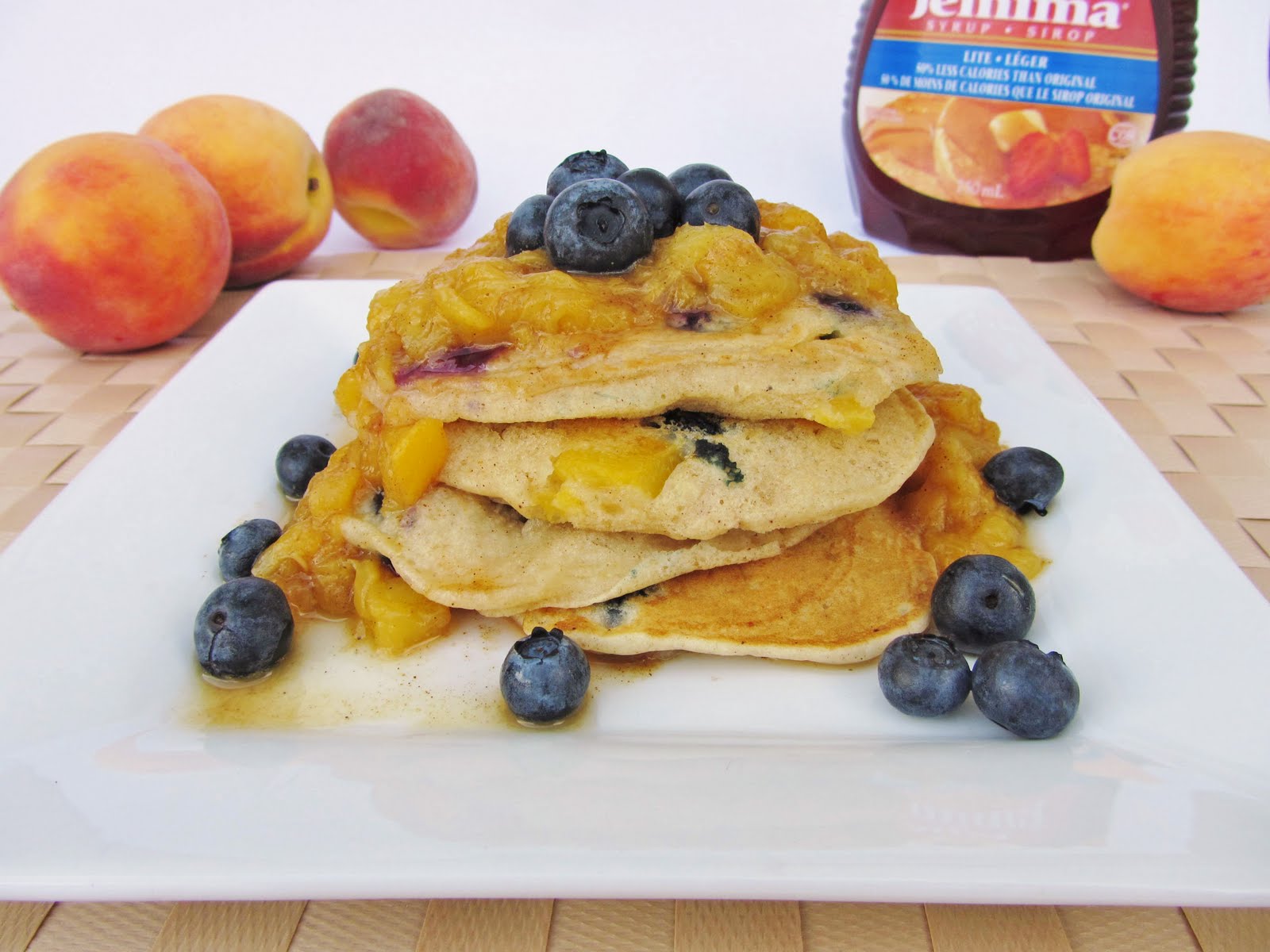 peach blueberry pancakes with peach sauce